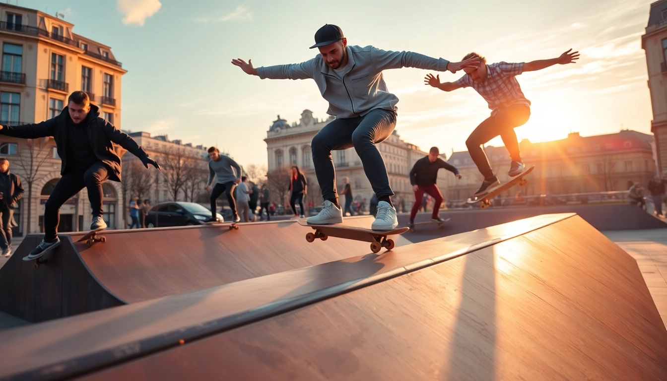 Skateboarders showcasing skills at Ecole de skateboard Paris in vibrant urban scenery.