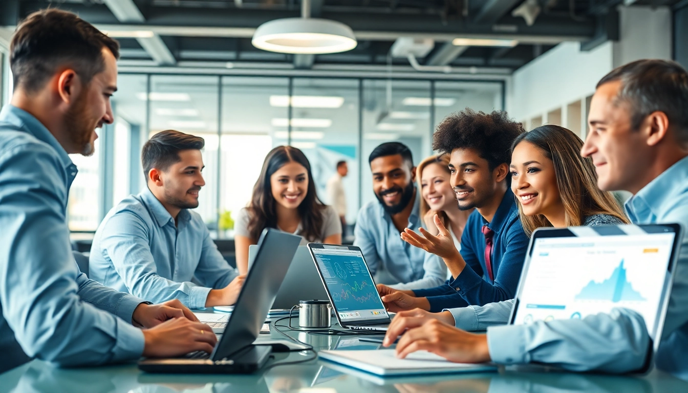 Professionals collaborating using ai tools in a modern office environment.