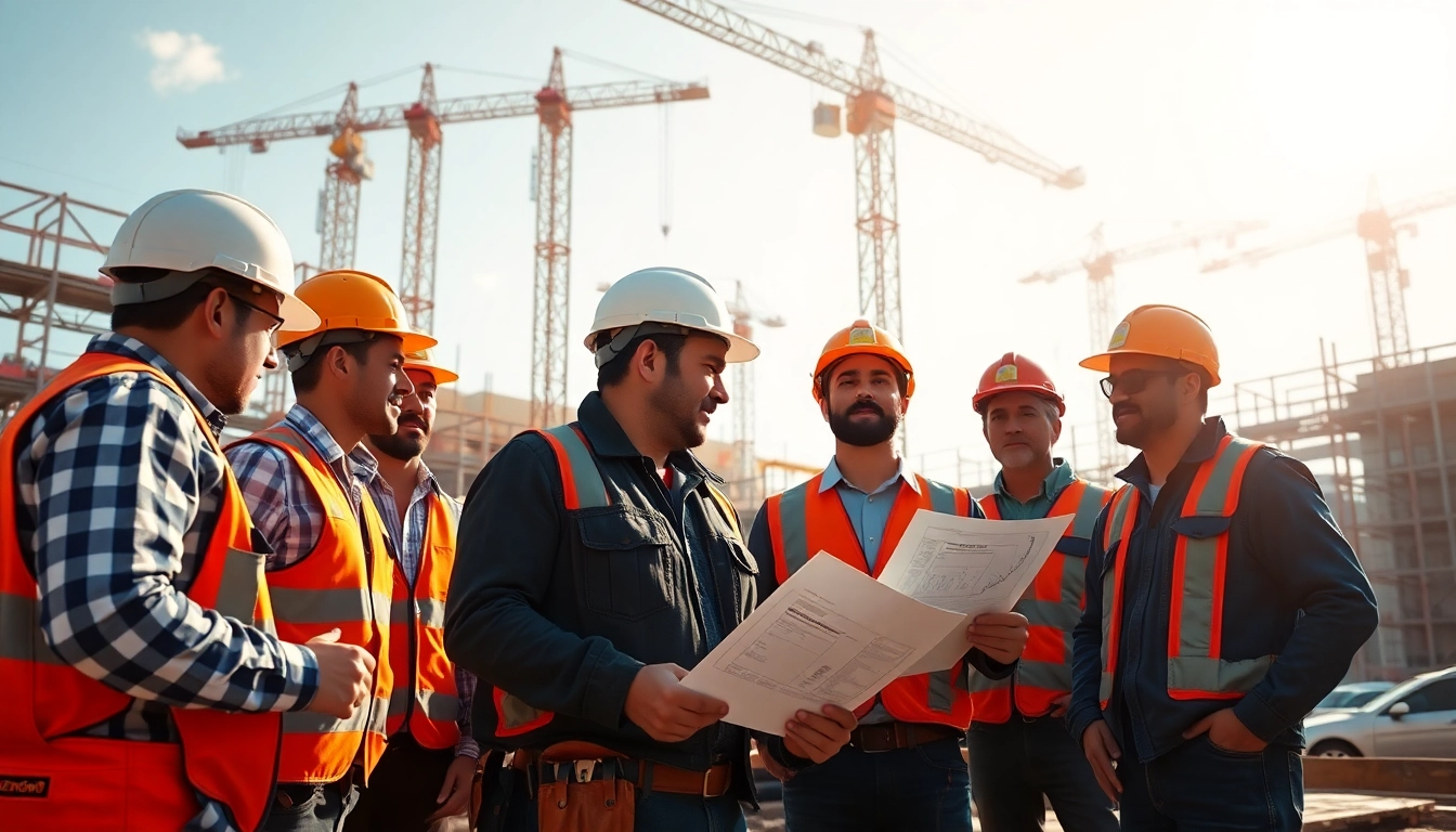 Construction network association fostering teamwork in a vibrant building site scene.