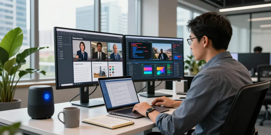 Professional using the ai detector for content moderation in a modern office setting with multiple screens.