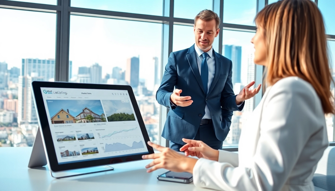 Real Estate agent showcasing property listings in a modern office setting