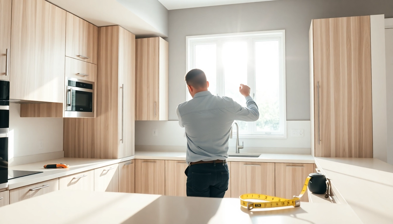 Skilled kitchen installer adjusting cabinets in a modern kitchen with elegant finishes.