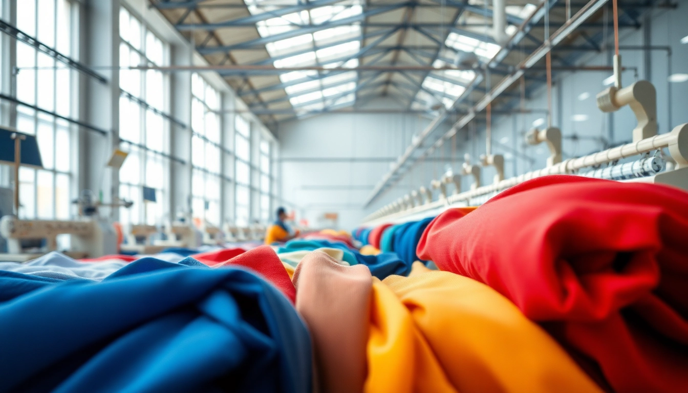 Clothing Suppliers China showcasing vibrant fabrics in a textile manufacturing setting.