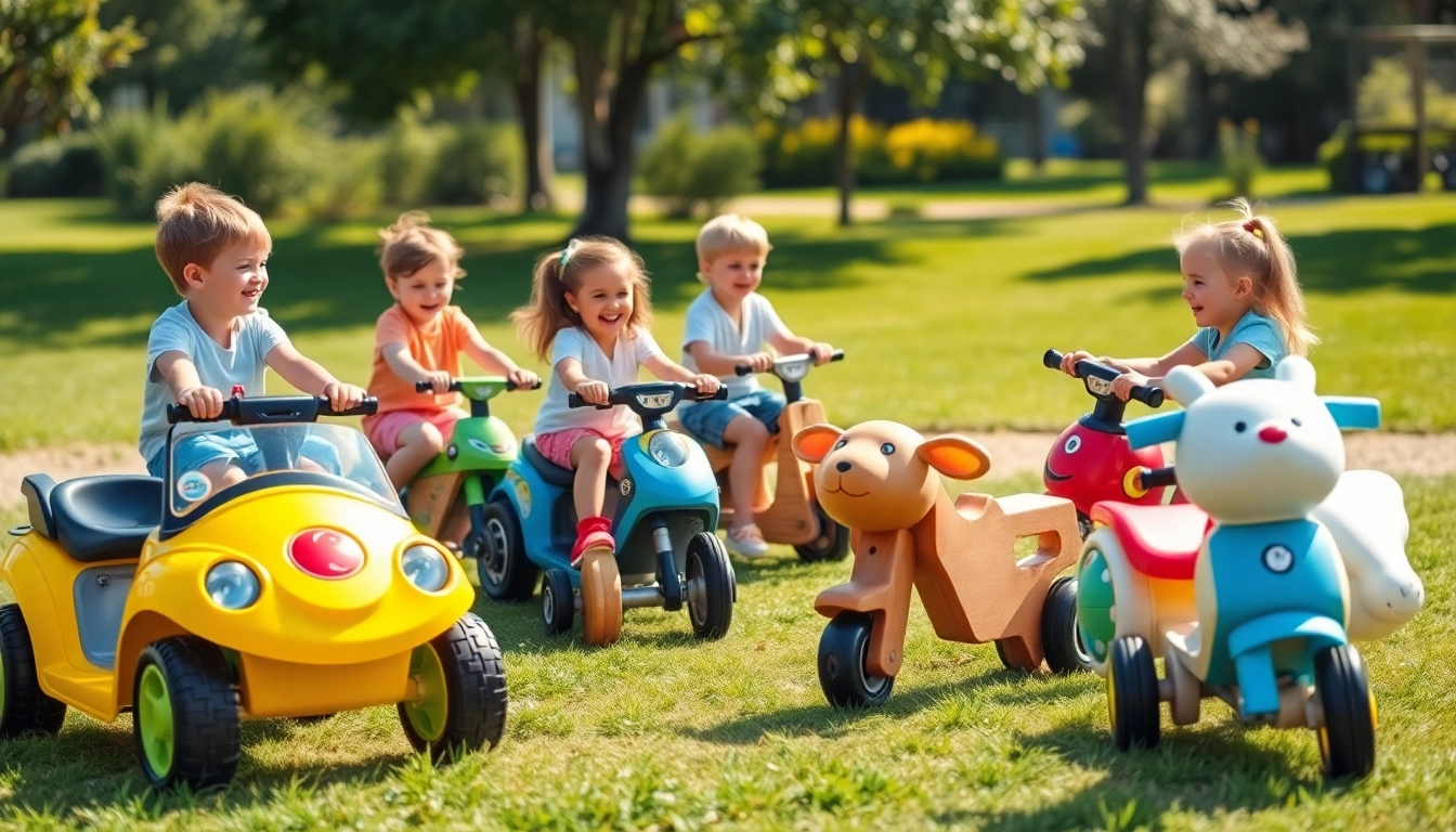 Children play joyfully with various ride on toys in a bright playground.