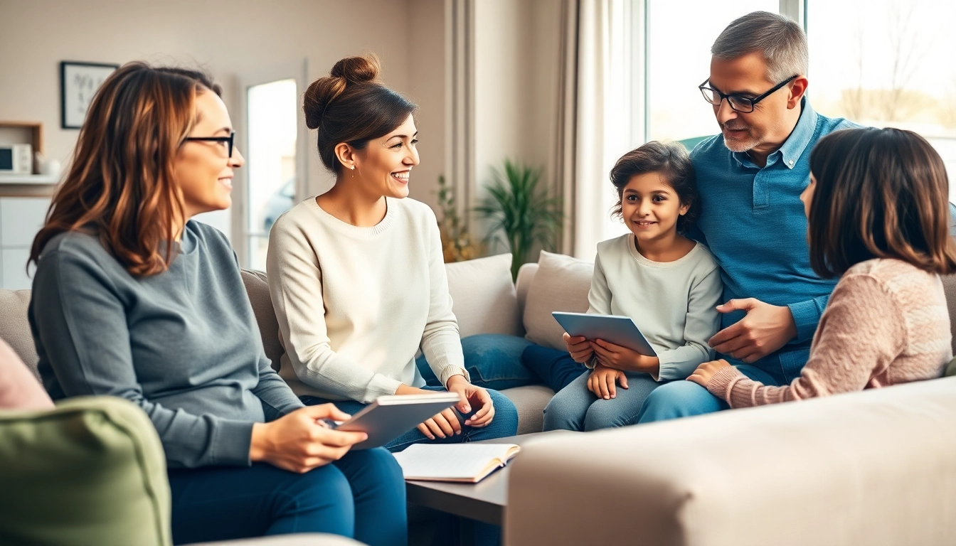 Discussing auto and home protection plans with family in a cozy living room environment.