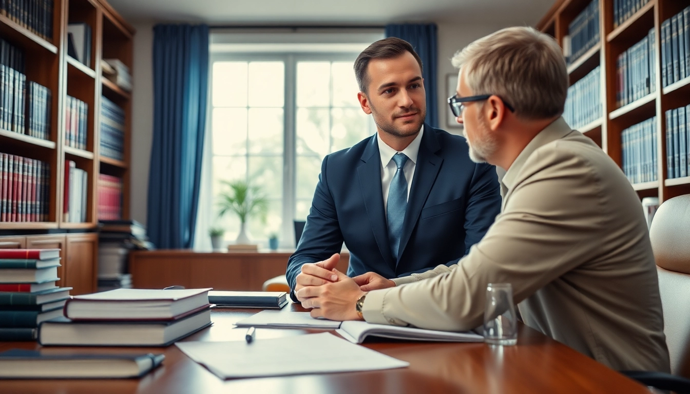 Sarasota personal injury lawyer consulting with a client in a bright, professional office setting.
