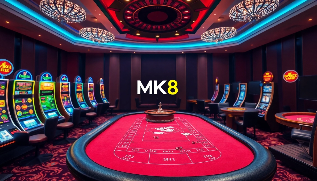 Players enjoy a thrilling MK8 gaming experience at a luxurious casino table, surrounded by vibrant slot machines.
