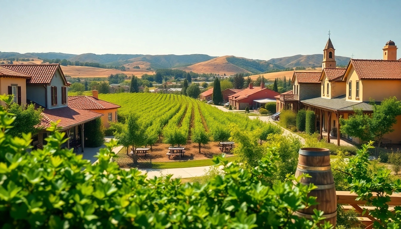 Vibrant landscape of Clarksburg, CA with vineyards and historic buildings.