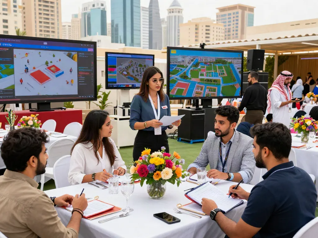 Expert event rentals showcased with planners collaborating at a vibrant venue.