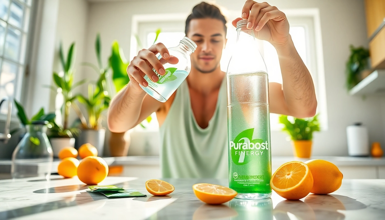Puraboost energy drink preparation in a bright kitchen with fruits.