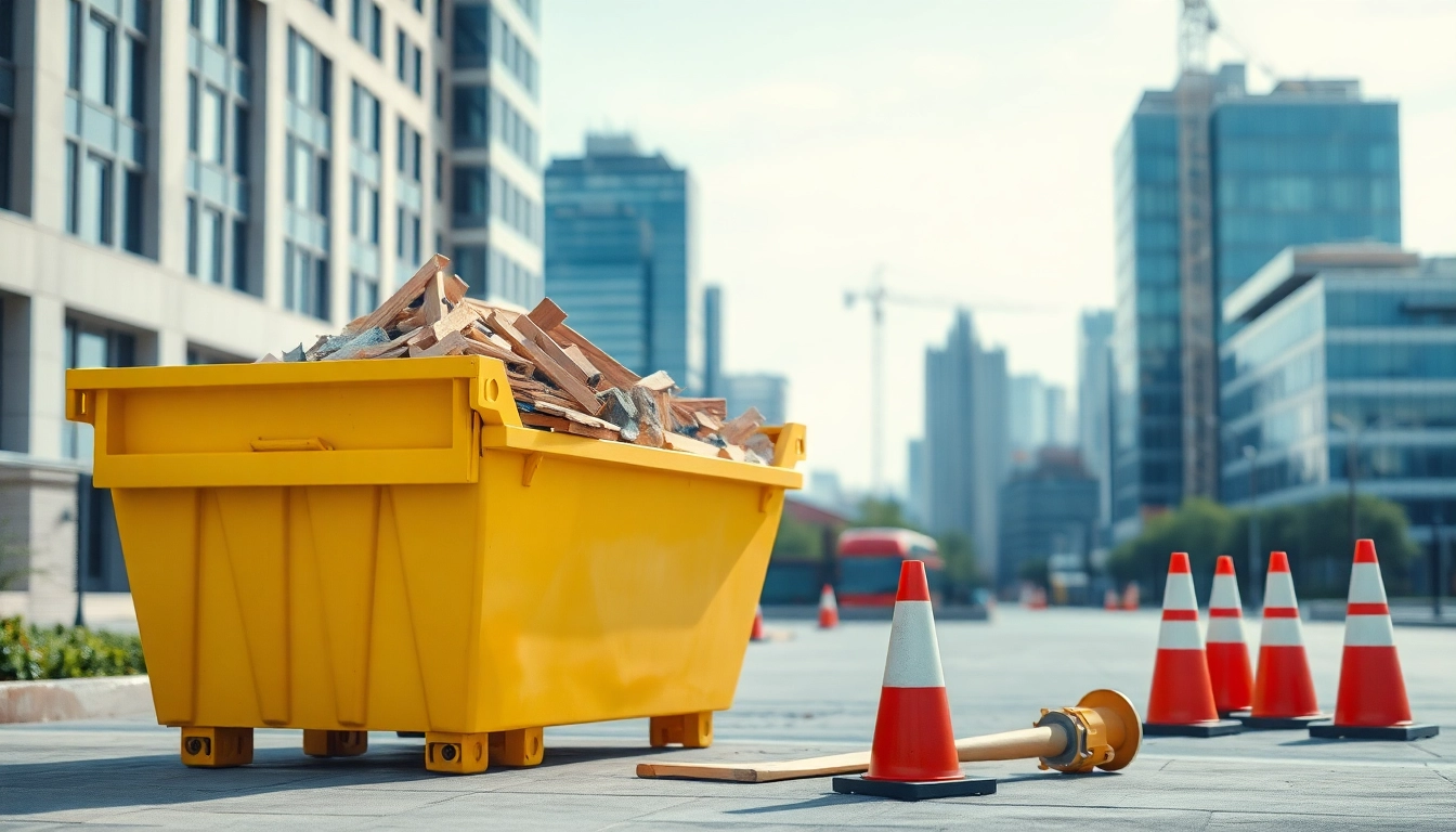 Efficient skip hire services illustrated with a bright yellow skip filled with debris in a bustling city.