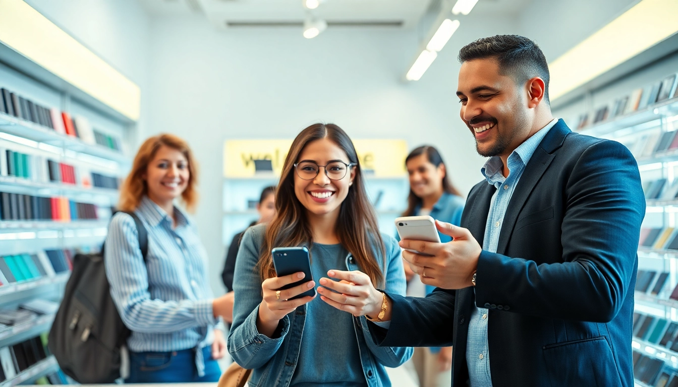 We buy old phones from happy customers in a modern store environment.