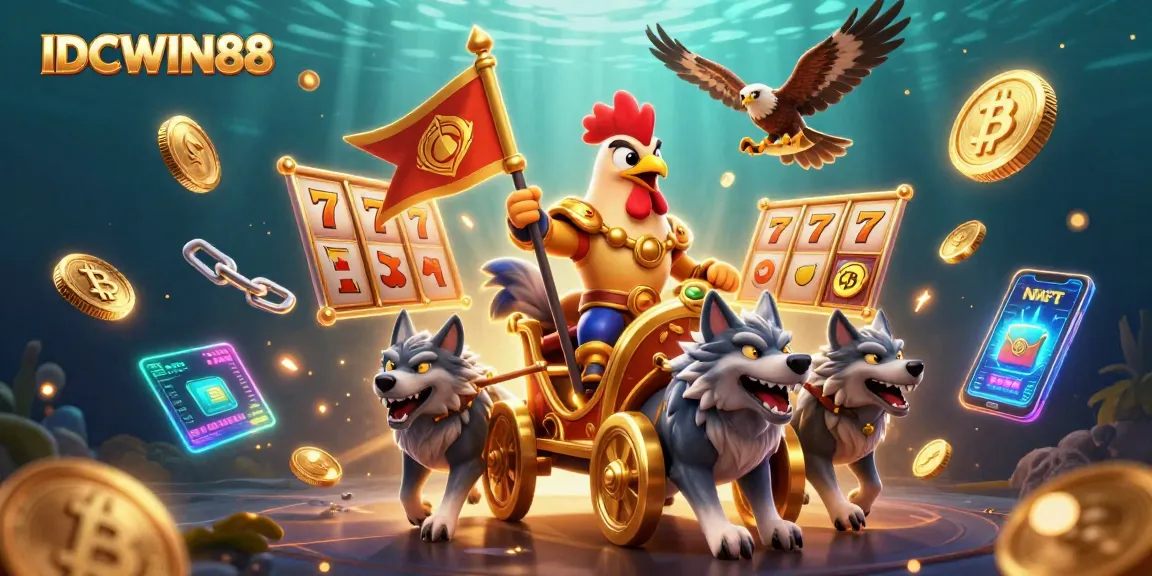 Spin the reels with IDCWIN88 in a vibrant 3D illustration showcasing thrilling slot features and crypto elements.