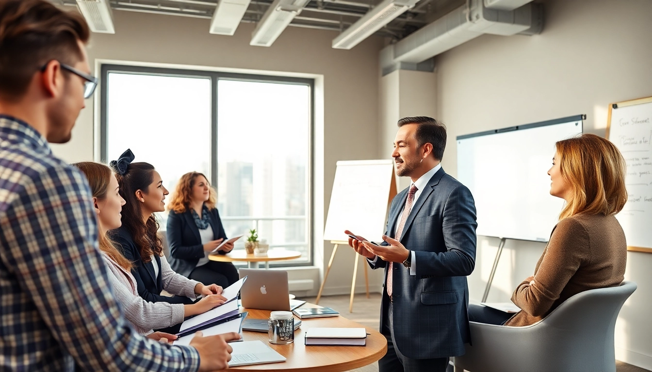 Dynamic scene featuring an Executive Communication Coach leading a session with engaged professionals.