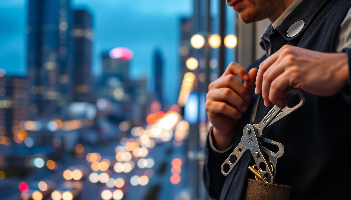 24h locksmith actively repairing a door lock in a vibrant urban evening setting.
