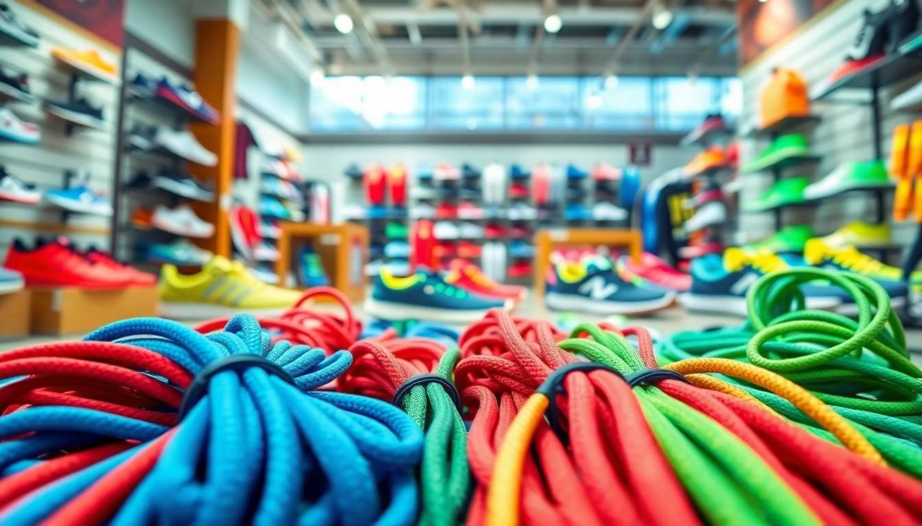 Buying shoelaces in bulk for resellers displayed in a vibrant retail environment with variety.