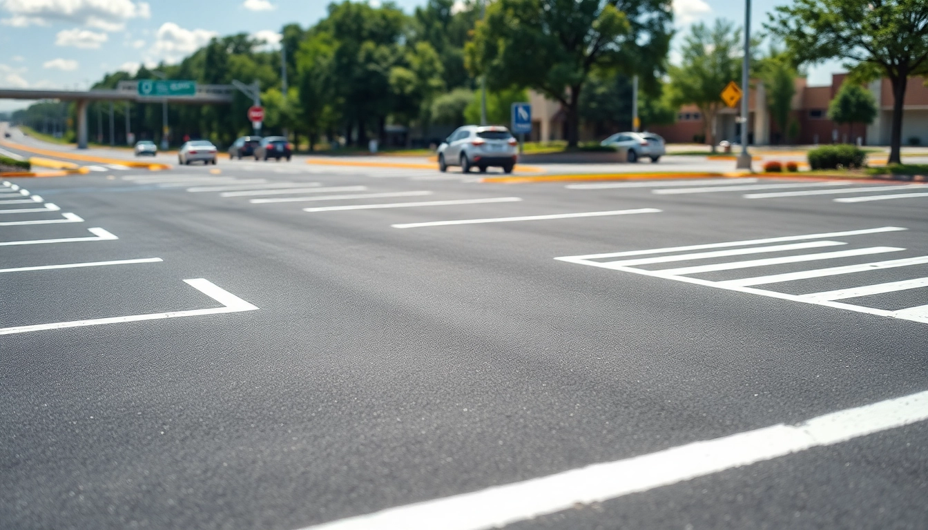 Parking lot striping Highway 80 Jackson MS displays freshly painted lines in a professional setting.