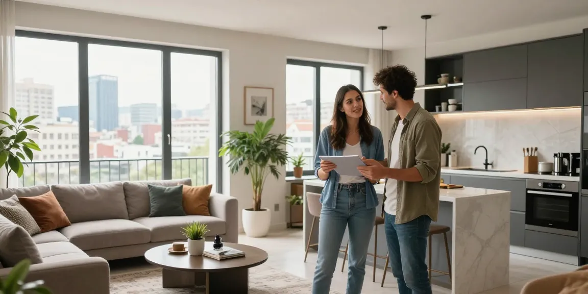 Explore the stylish interior of a modern apartment to buy in Tirana, showcasing a couple discussing property options.