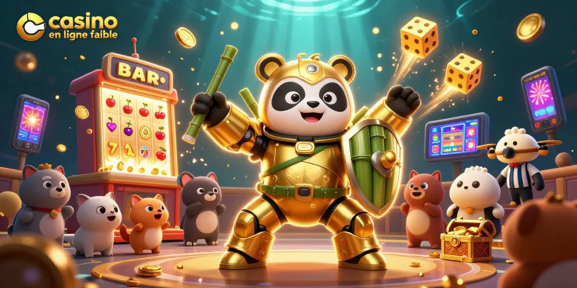 Vivez une expérience excitante de casino en ligne fiable avec l'illustration d'un panda en méca entouré d'éléments de jeu.