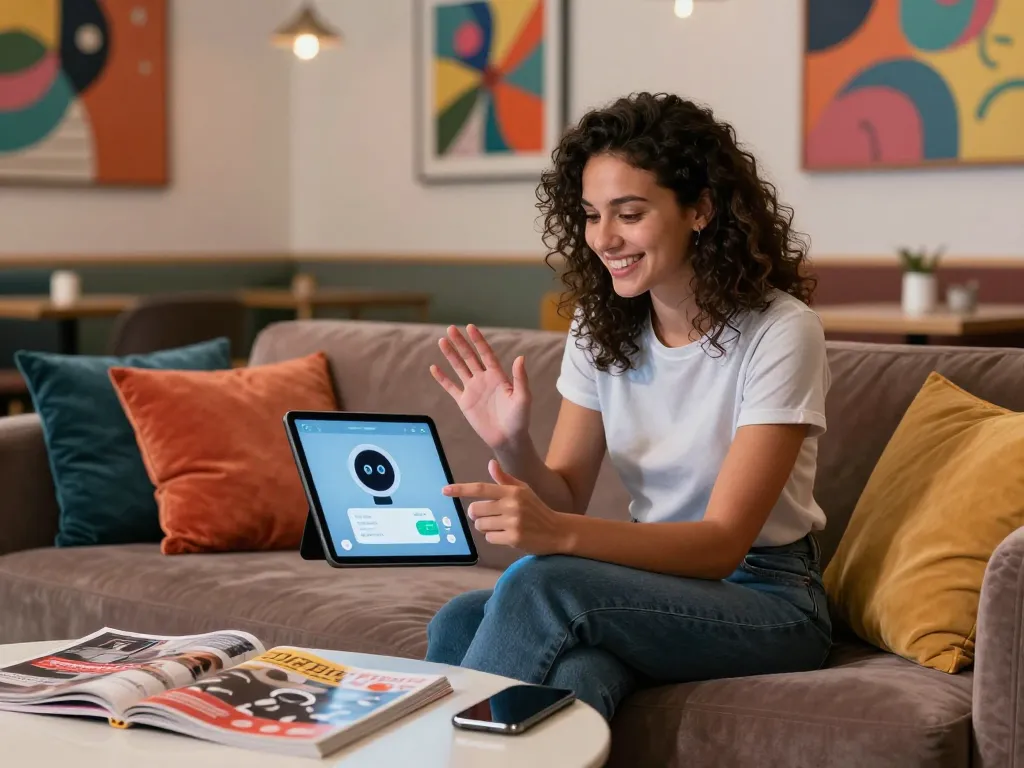 A lively scene of a young woman engaging with an AI slut chatbot on her tablet, showcasing modern digital interactions in a cozy urban lounge.