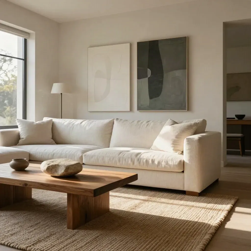 Styled modern living room with linen sofa, oak plinth, stone object and lamp in warm late-afternoon light.