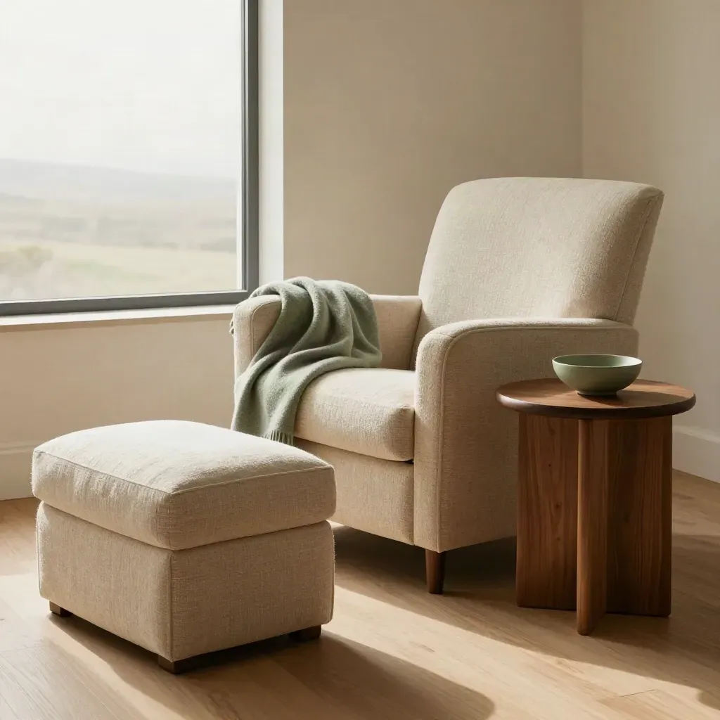 Pale chair, walnut side table, and storage ottoman arranged in an airy room