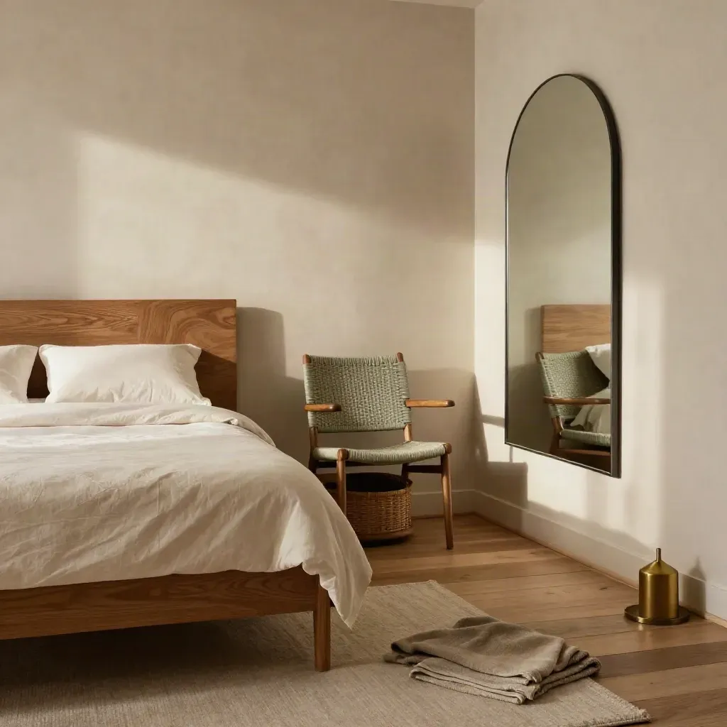 Fresh bedroom makeover with limewashed wall, oak chair, baskets, mirror and morning light.