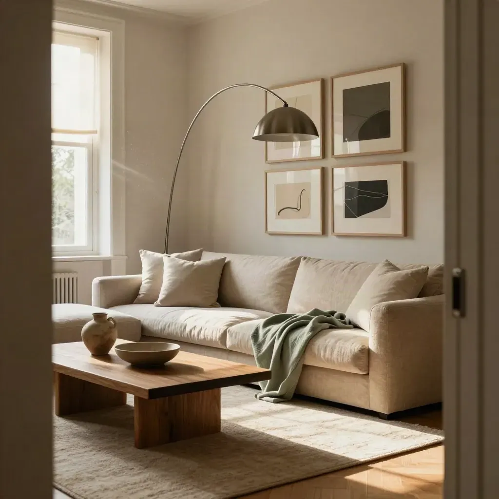 Styled living room corner with a modular sofa, oak coffee table, floor lamp, abstract art, and pale rug.