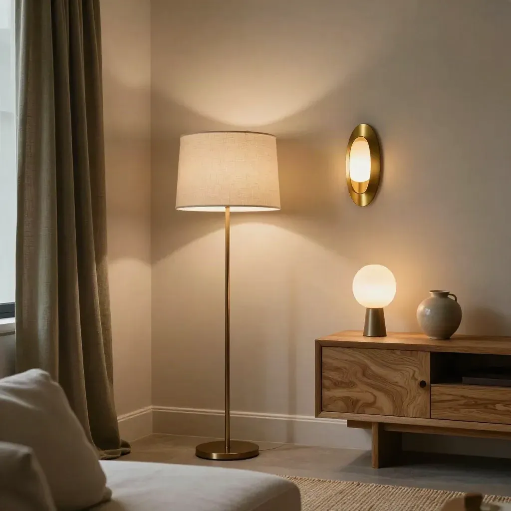 Warm layered lighting vignette with floor lamp, table lamp, wall sconce glow, and frosted shade.