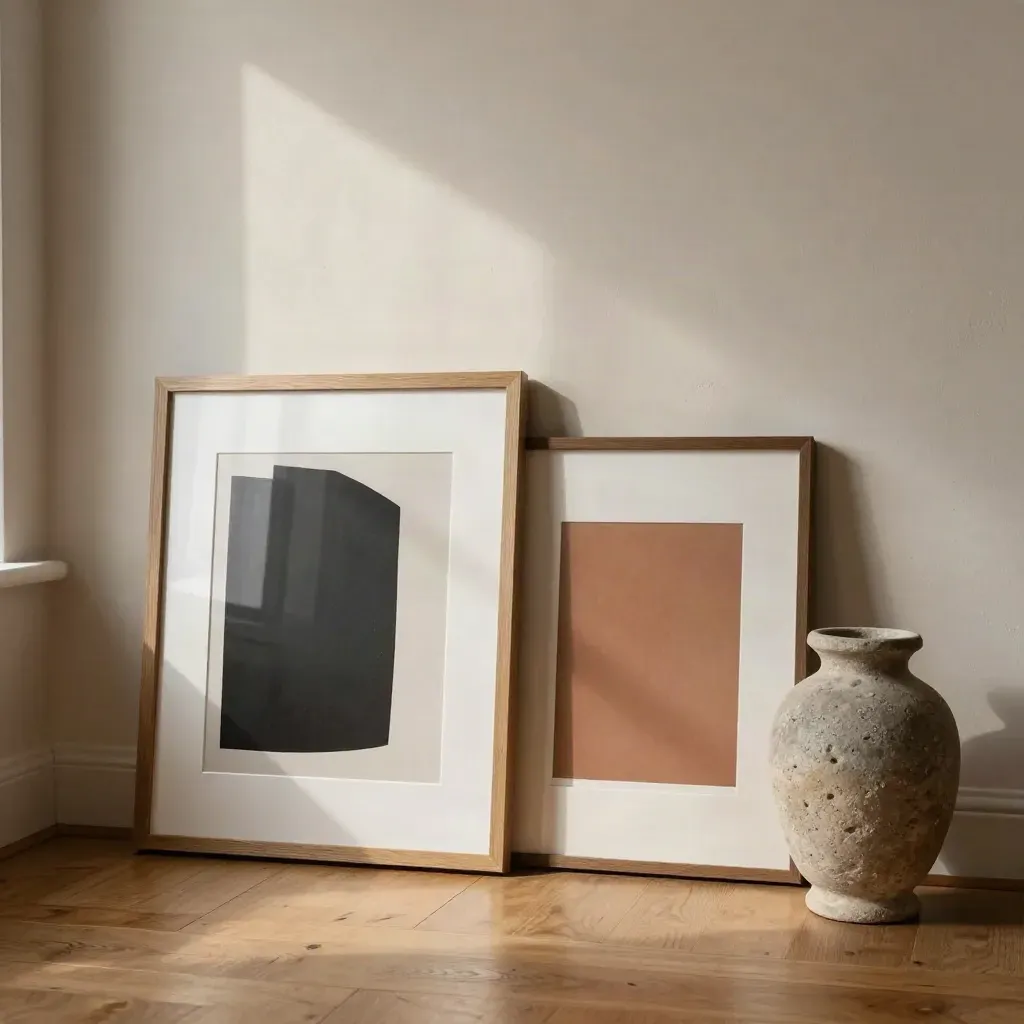 Abstract prints and a stone vase against a bare wall in a warm finished corner.