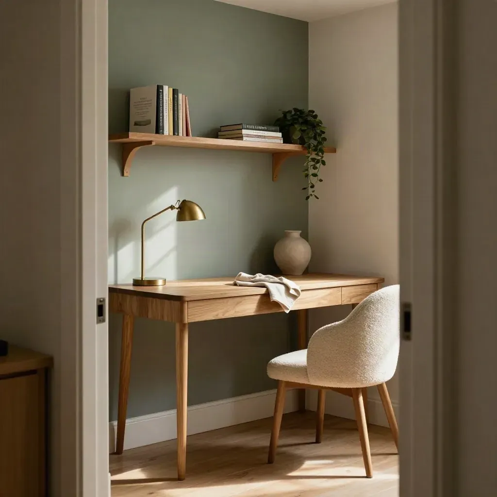 Compact Denver condo home office with oak desk, boucle chair, shelves, and soft sunlit dust.