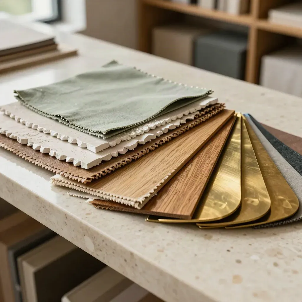 Layered fabric swatches, plaster chips, oak veneer and brass discs on travertine, lit softly