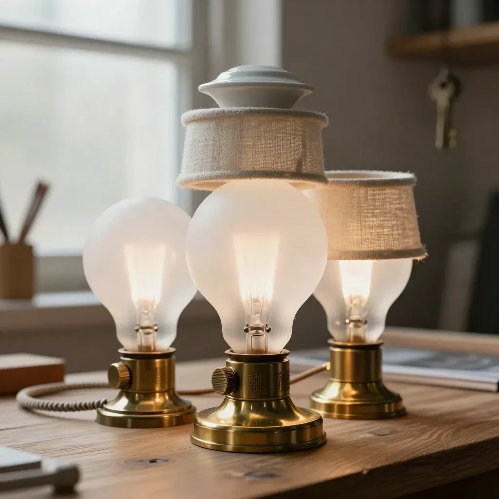 Lighting bulbs, brass socket, dimmer knob and shade ring on a warm oak workbench