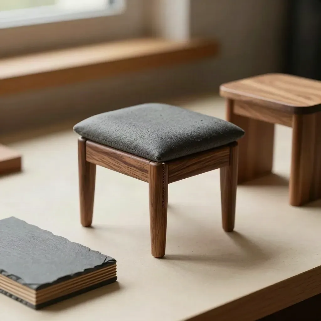 Walnut chair miniature with upholstery swatch, joinery sample, and side-table model in close-up