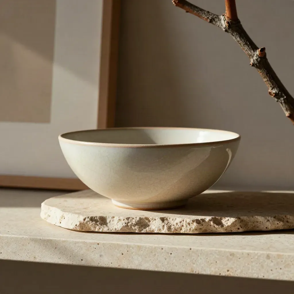 Macro still life: glazed bowl, stone tray, frame corner and dried branch on a sunlit shelf.