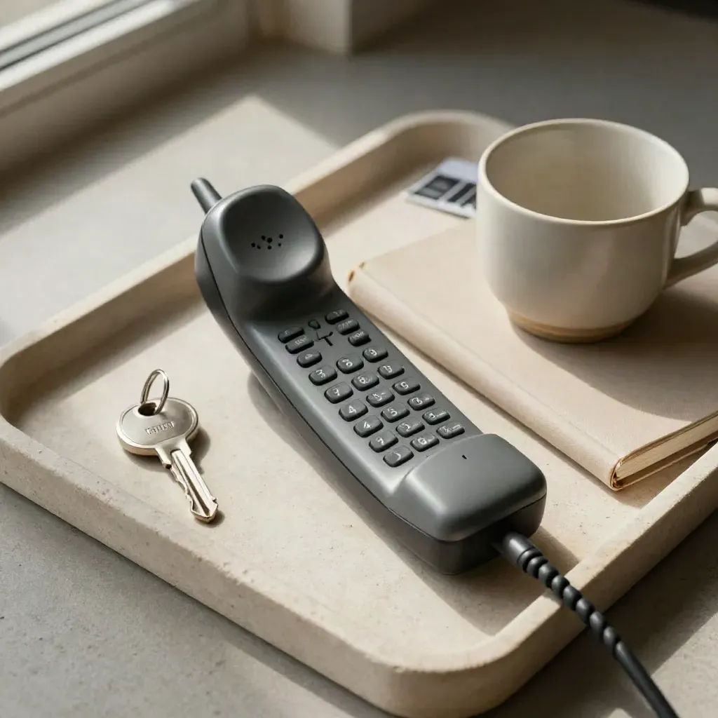 Muted cordless handset, house key, closed notebook and cup on a stone tray.