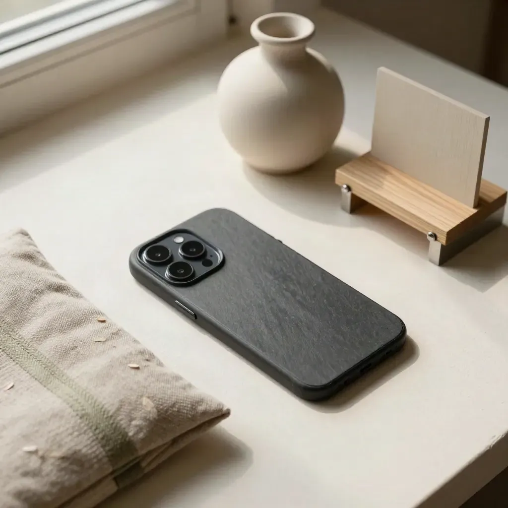 Top-down still life of a phone, cushion sample, ceramic vase and shelf mockup on off-white plaster.