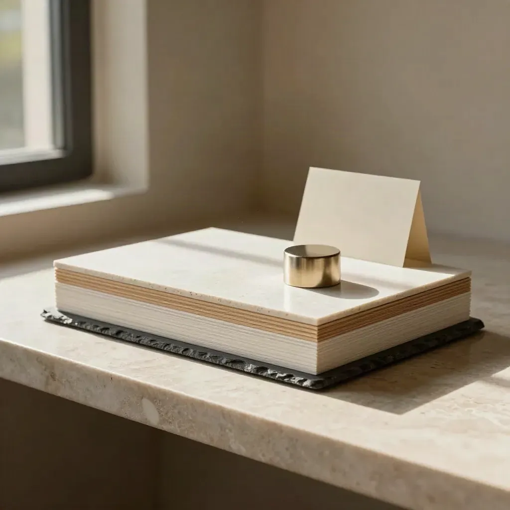 Layered interior material samples on a stone shelf with soft side light