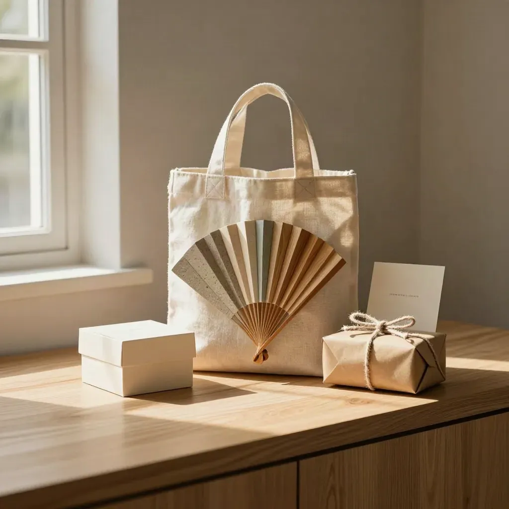 Sample box, tote, finish chips and wrapped decor object on a pale oak console in soft light