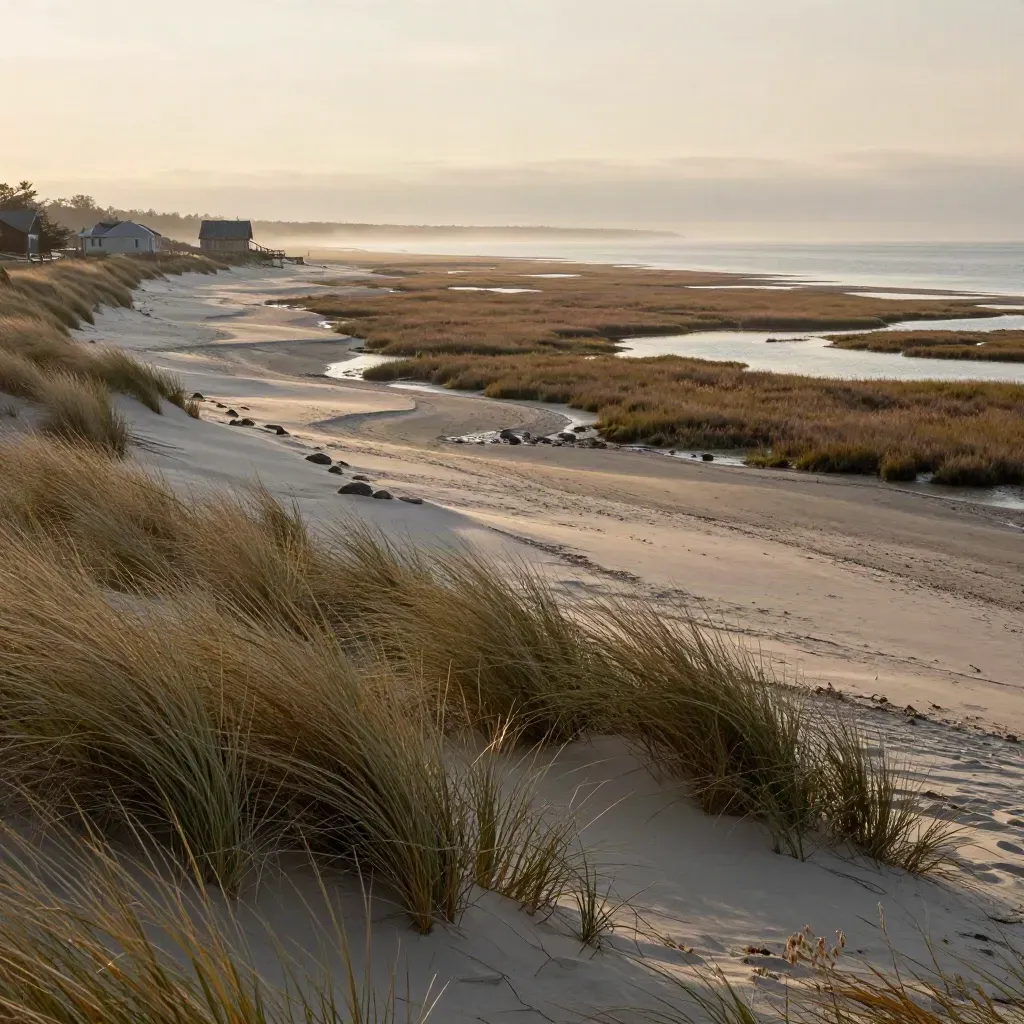 Long Island dune grass, marsh water, and cedar cottages in warm sea mist.