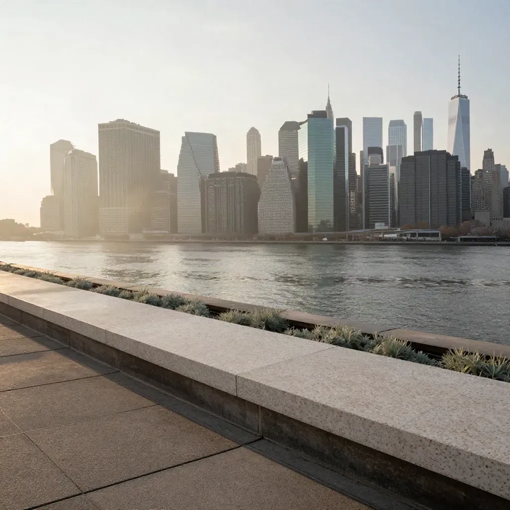 Brooklyn rooftop view to Manhattan skyline in dawn haze over calm stone roof.