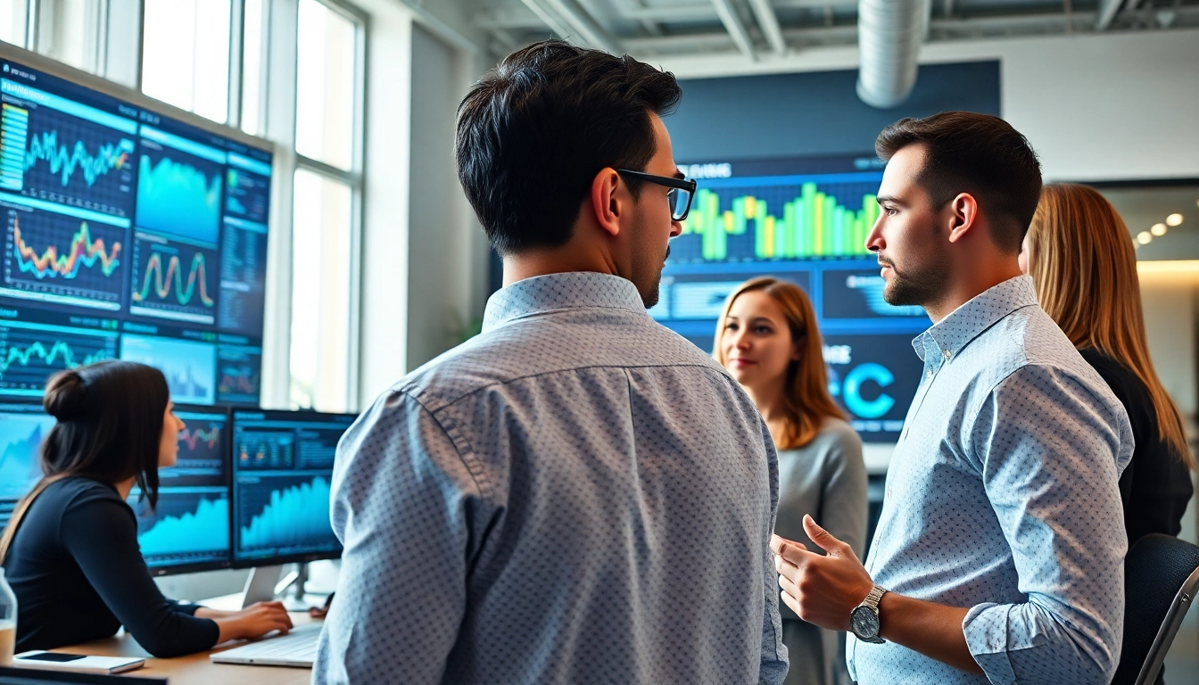 Engaging professionals utilizing AI for competitive intelligence in a modern workspace.