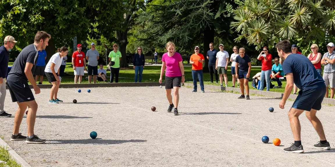 Kompetisi petanque di fopikotagorontal.org, pemain mengenakan pakaian kasual berpartisipasi dalam pertandingan di taman.