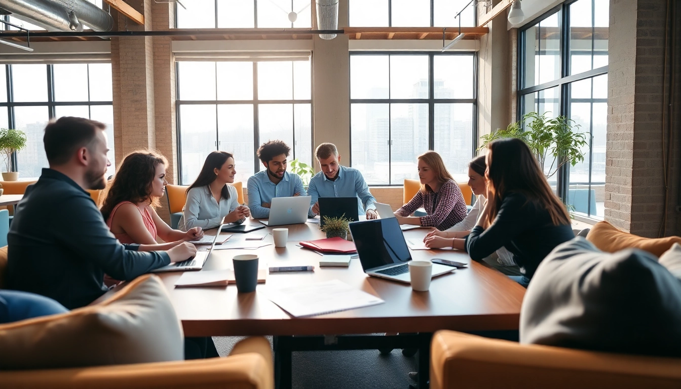 Agency team collaborating in a modern workspace, fostering creativity and teamwork.
