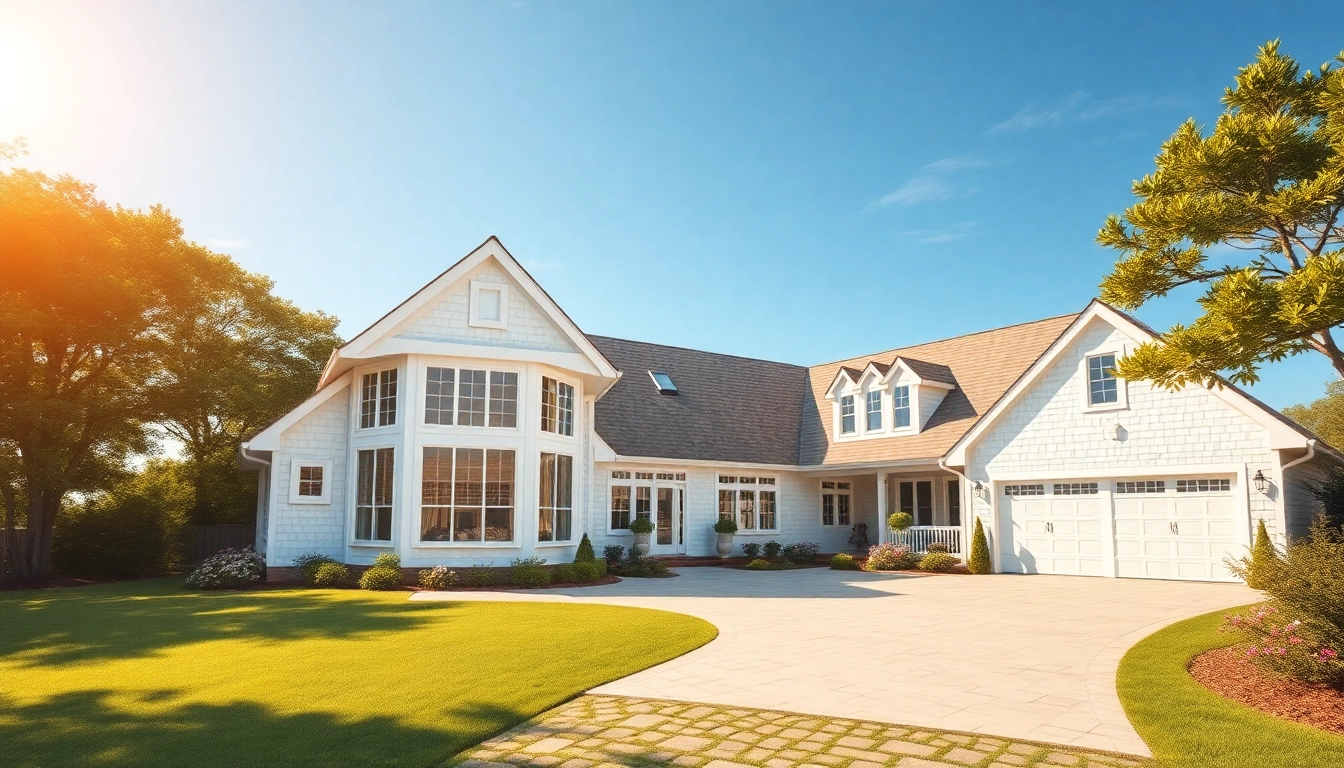 Stunning cape cod home with bay windows and attached garage surrounded by lush greenery.