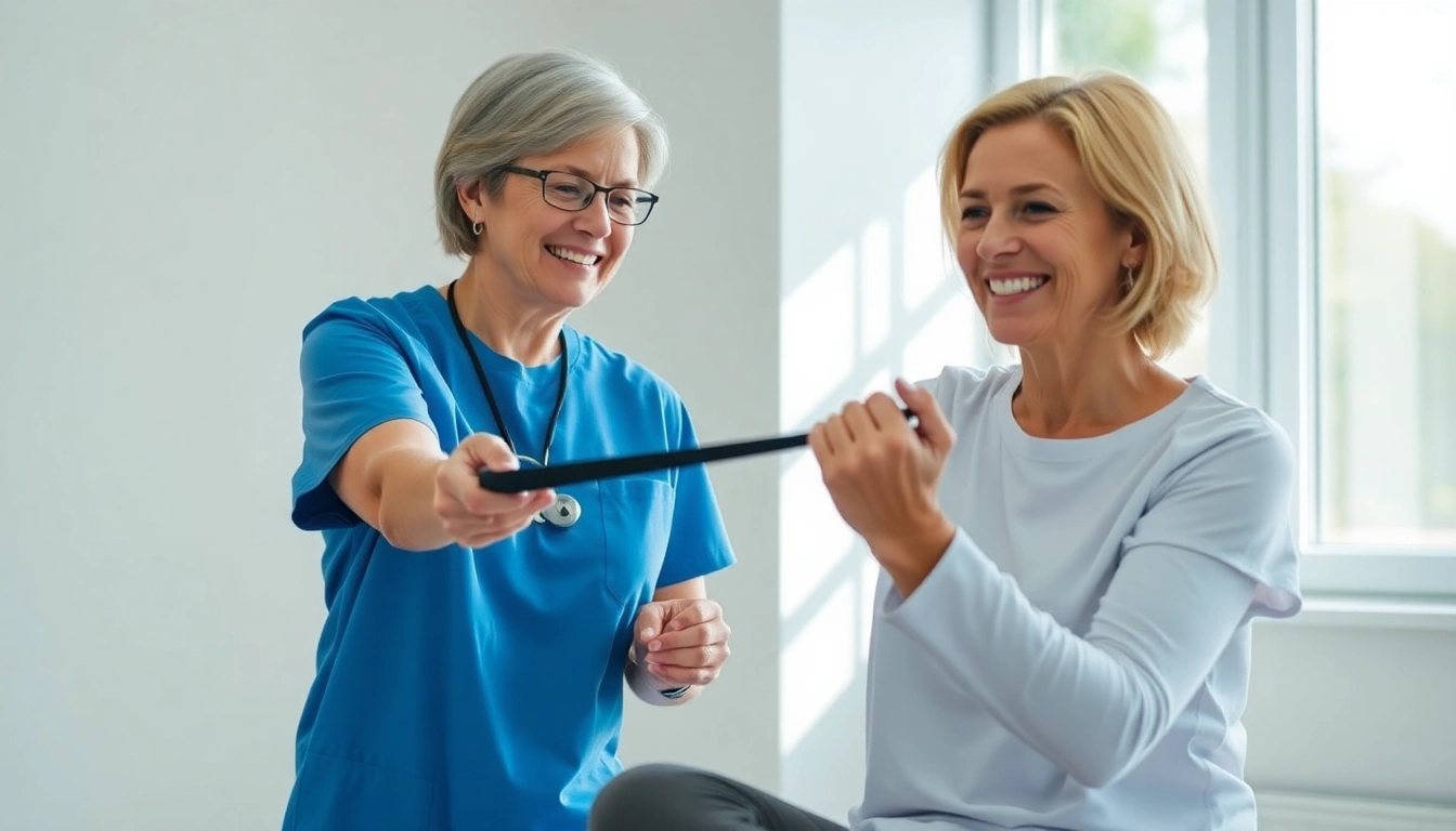 Physiotherapist assisting a patient at AICA Orthopedics demonstrating recovery exercises.
