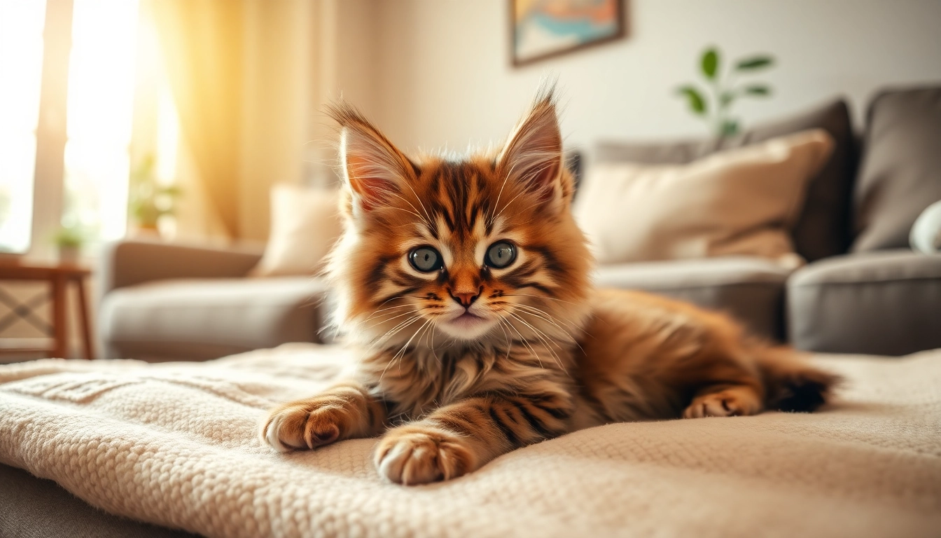 Maine Coon kittens for sale California, a charming kitten relaxing in a cozy setting, embodying warmth and companionship.