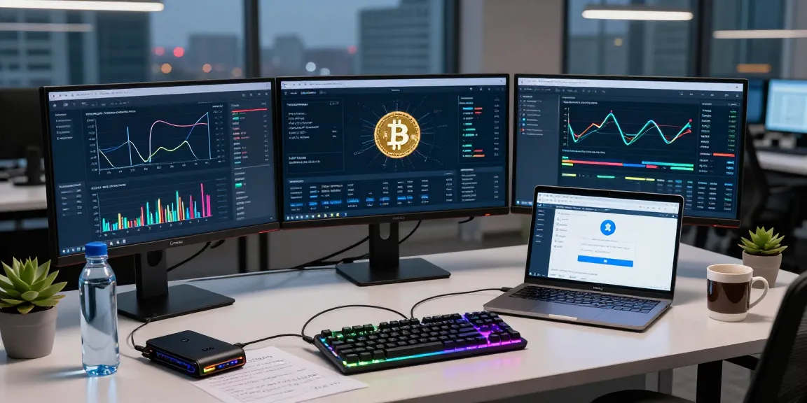 Explore crypto mining service workspace featuring monitors with Bitcoin statistics in a modern environment