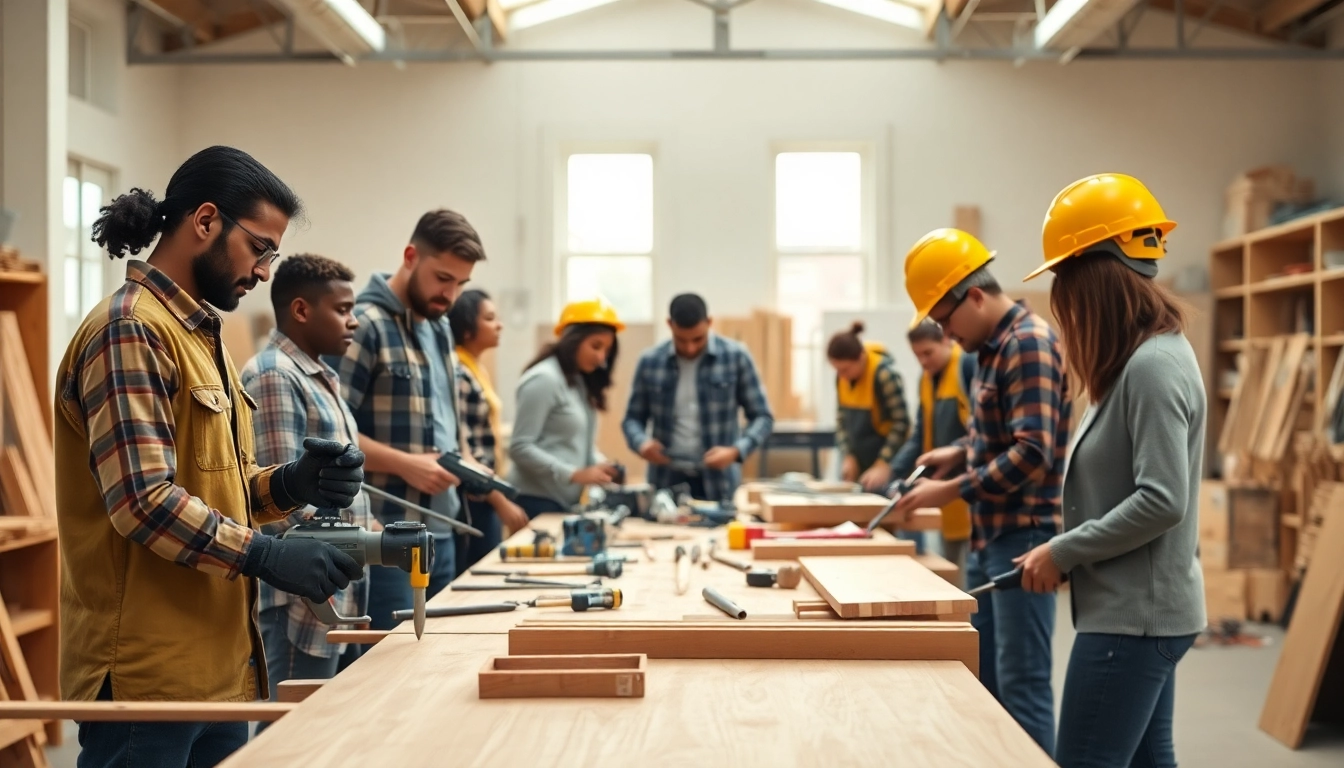 Engaging scene of construction craft training with diverse participants working collaboratively.