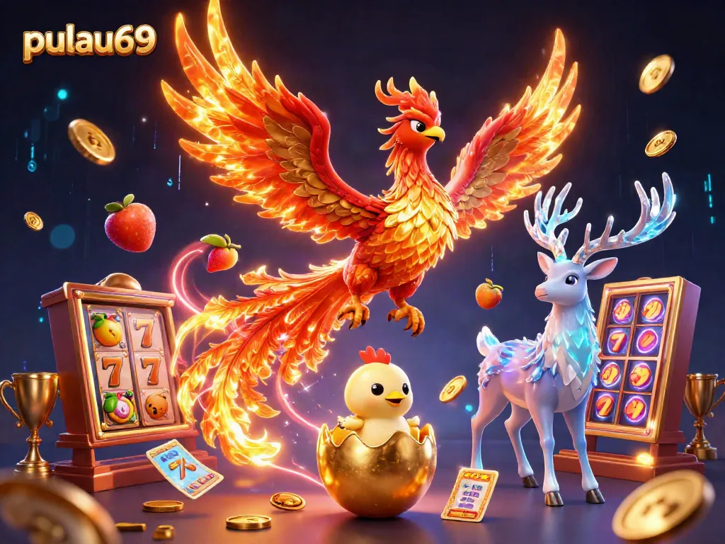 Experience the thrilling world of pulau69 with a vibrant 3D casino scene featuring legendary phoenixes and exciting game elements.